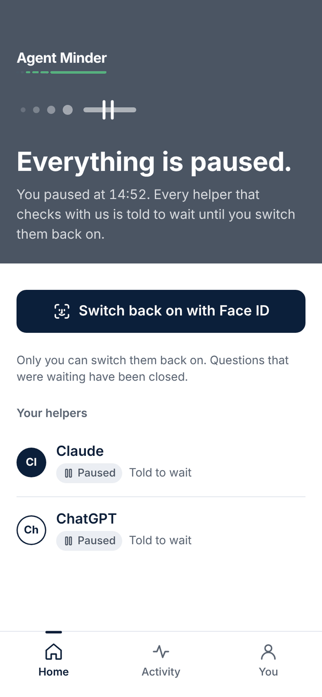Design of the Everything paused screen: every agent told to wait until you switch them back on.