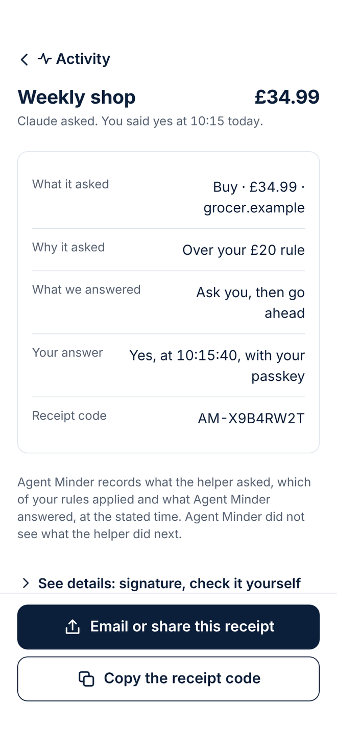 Design of the One receipt screen: what was asked, why, what you answered, and its receipt code.