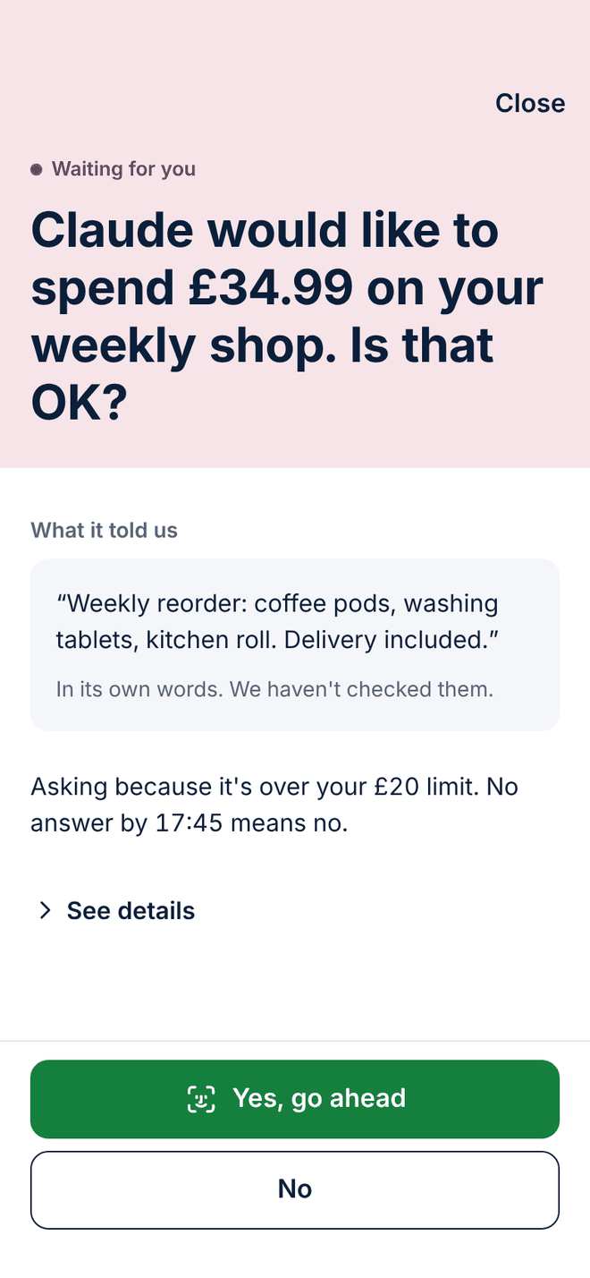 Design of the A question for you screen: a weekly shop waiting for yes or no.