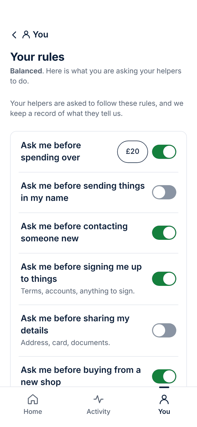 Design of the Your rules screen: each rule your agents are asked to follow, with its own switch.